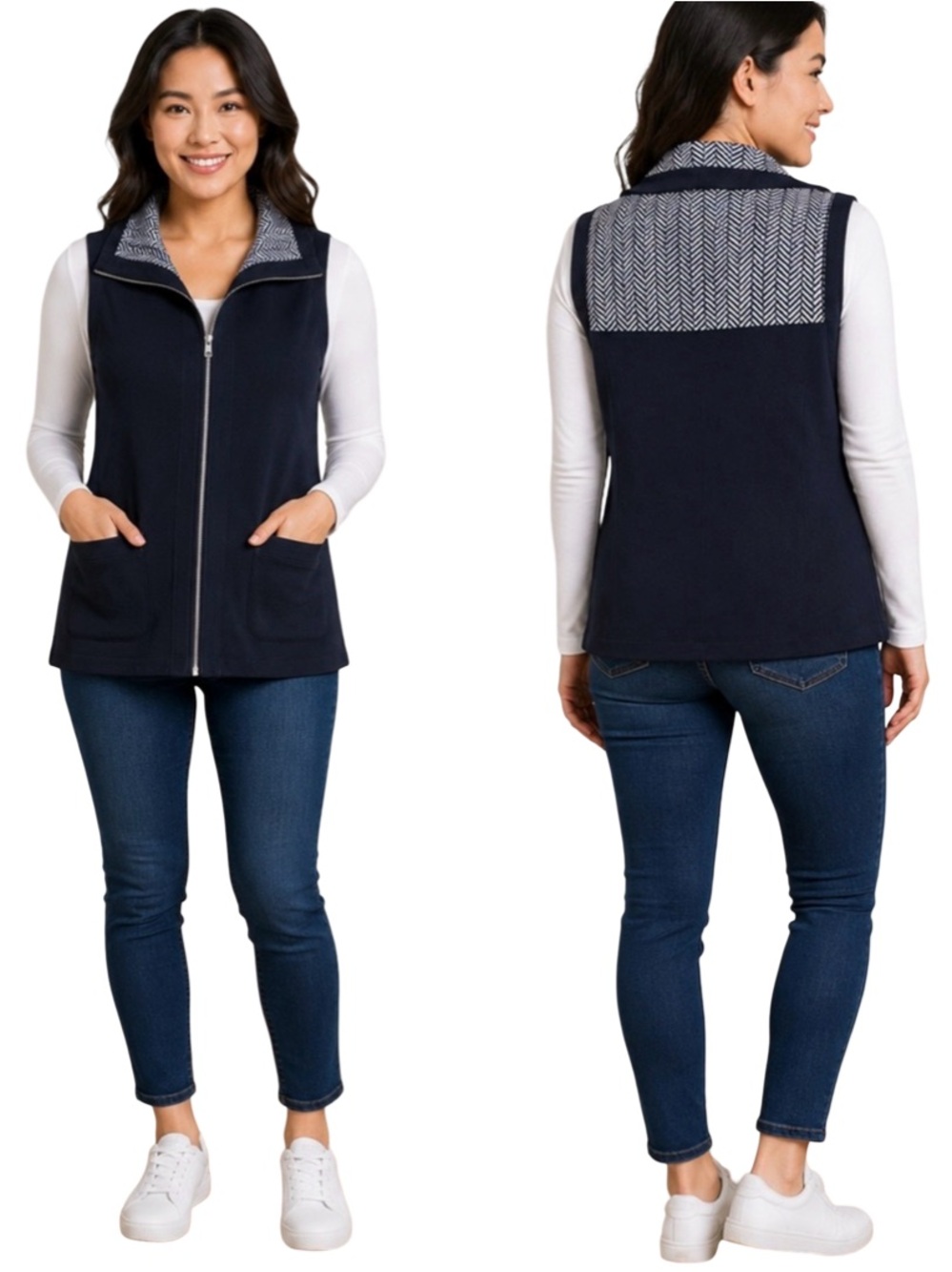 Foxcroft Black & White Chevron Zip Cardigan Sweater Vest Size Small Petite SP